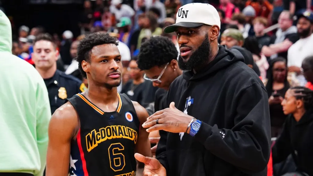 Bronny James #6 of the West team talks to Lebron James of the Los Angeles Lakers after the 2023 McDonald’s High School Boys All-American Game at Toyota Center on March 28, 2023 in Houston, Texas. (Photo by Alex Bierens de Haan/Getty Images)