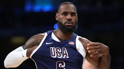 Lebron James #6 of Team United States looks on during the first half of the Men's Group Phase – Group C game between Serbia and the United States