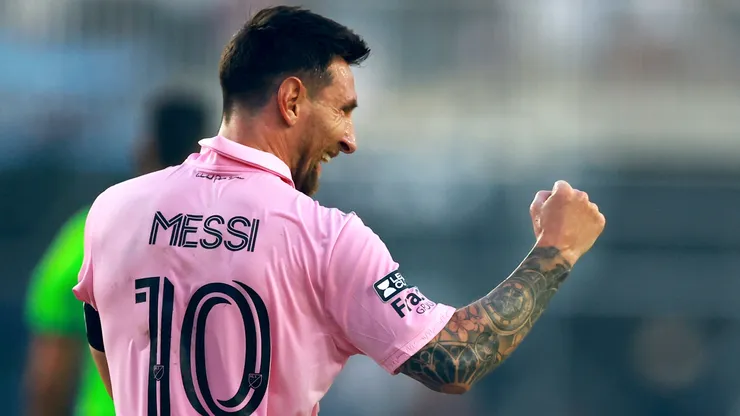 Lionel Messi #10 of Inter Miami CF reacts in the second half during the Leagues Cup 2023 match between Inter Miami CF and Atlanta United at DRV PNK Stadium on July 25, 2023 in Fort Lauderdale, Florida.