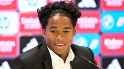 Real Madrid new signing, Endrick Felipe speaks to the media during a press conference as he is unveiled at Estadio Santiago Bernabeu