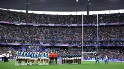The players of Team France and Team Fiji line up for their the national anthem ahead of the Men’s Rugby Sevens Gold Medal match between Team Fiji and Team France