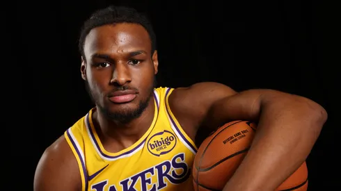 Bronny James #9 of the Los Angeles Lakers poses for a portrait during the 2024 NBA Rookie Photo Shoot
