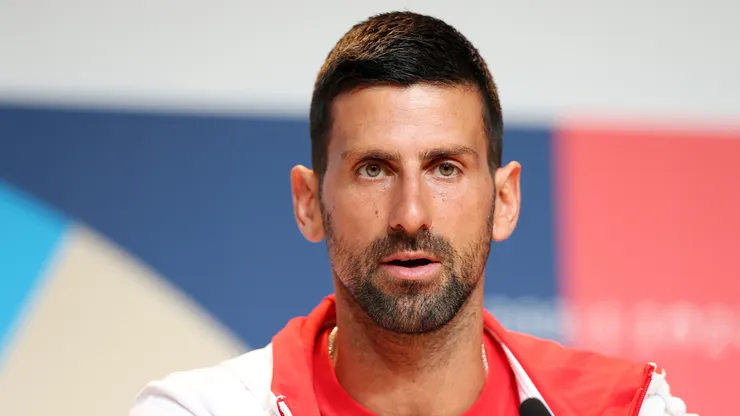 Novak Djokovic of Team Serbia speaks to the media during a Team Serbia Press Conference at Main Press Centre ahead of the Paris 2024 Olympic Games