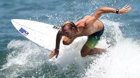 Owen Wright of Team Australia surfs during a practice session at Tsurigasaki Surfing Beach ahead of the Tokyo 2020 Olympic Games on July 22, 2021 in Tokyo, Japan.