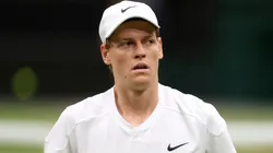 Jannik Sinner of Italy reacts as he plays against Daniil Medvedev in the Gentlemen's Singles Quarter Final of Wimbledon