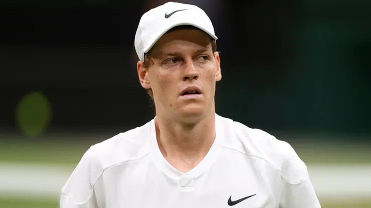 Jannik Sinner of Italy reacts as he plays against Daniil Medvedev in the Gentlemen's Singles Quarter Final of Wimbledon