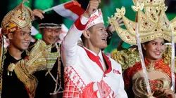 Members of the Indonesia Olympic Team take part in Opening Ceremony of the Rio 2016 Olympic Games at Maracana Stadium on August 5, 2016 in Rio de Janeiro, Brazil.