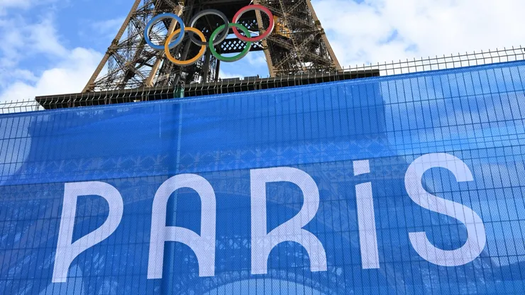 Olympic Logo Mark Eiffel Tower, in Paris, France.