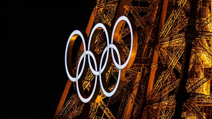 The Olympic rings sit on display on Eiffel Tower ahead of the Opening Ceremony of the Paris 2024 Olympic Games on July 21, 2024 in Paris, France.