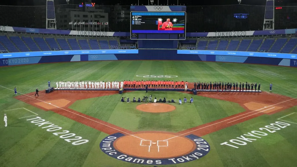 (L to R) Silver medalist Team United States, gold medalist Team Japan and bronze medalist Dominican Republic stand on the podium at the medal ceremony for baseball after the gold medal game between Team United States and Team Japan on day fifteen of the Tokyo 2020 Olympic Games at Yokohama Baseball Stadium on August 07, 2021 in Yokohama, Kanagawa, Japan. (Photo by Steph Chambers/Getty Images)