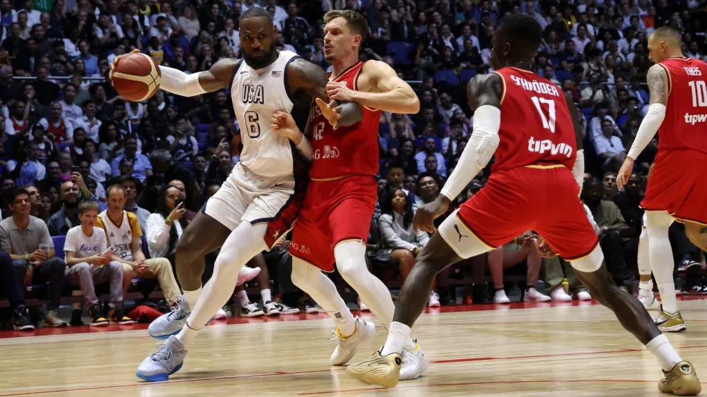 LeBron James of The United States takes on Andreas Obst of Germany during the 2024 USA Basketball Showcase match between USA and Germany at The O2 Arena on July 22, 2024 in London, England. (Photo by Paul Harding/Getty Images)