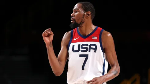 Kevin Durant #7 of Team United States pumps his fist against Czech Republic during the second half of a Men's Basketball Preliminary Round Group A game on day eight of the Tokyo 2020 Olympic Games at Saitama Super Arena on July 31, 2021 in Saitama, Japan.