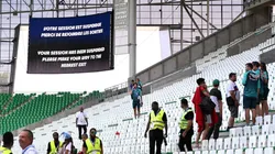 A general view of the LED Screen showing a message which reads "Your session has been suspended please make your way to the nearest exit" during the Men's group B match between Argentina and Morocco during the Olympic Games Paris 2024 at Stade Geoffroy-Guichard on July 24, 2024 in Saint-Etienne, France.