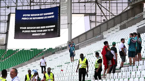 A general view of the LED Screen showing a message which reads "Your session has been suspended please make your way to the nearest exit" during the Men's group B match between Argentina and Morocco during the Olympic Games Paris 2024 at Stade Geoffroy-Guichard on July 24, 2024 in Saint-Etienne, France.