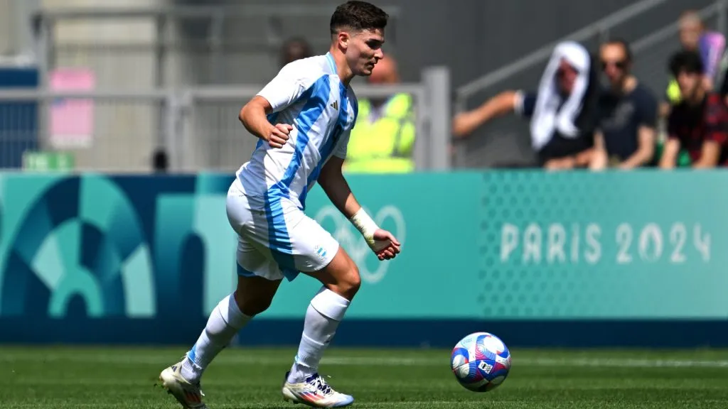 Julian Alvarez #9 of Team Argentina runs with the ball during the Men’s group B match between Argentina and Morocco during the Olympic Games Paris 2024 at Stade Geoffroy-Guichard on July 24, 2024 in Saint-Etienne, France. (Photo by Tullio M. Puglia/Getty Images)