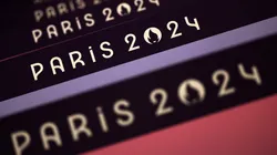 A detail of "Paris 2024" signage is seen around the Volleyball court in the South Paris Arena ahead of the Paris 2024 Olympic Games on July 22, 2024 in Paris, France.