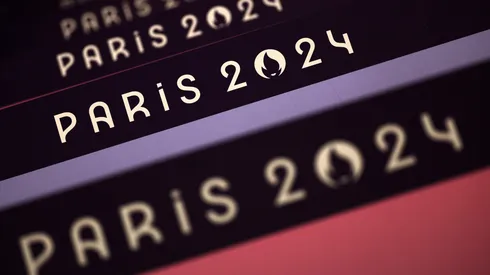 A detail of "Paris 2024" signage is seen around the Volleyball court in the South Paris Arena ahead of the Paris 2024 Olympic Games on July 22, 2024 in Paris, France.