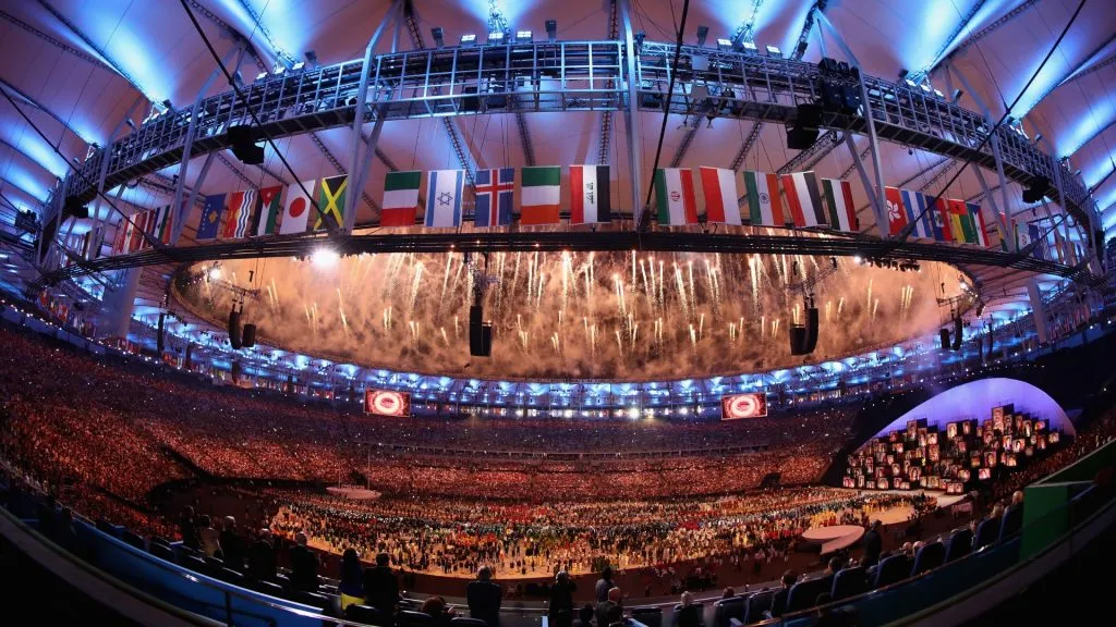 Fireworks are seen during the opening ceremony for the Rio 2016 Olympic Games on August 5, 2016 in Rio de Janeiro, Brazil. (Photo by Clive Mason/Getty Images)