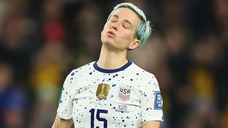 Megan Rapinoe of USA reacts after missing her team's fourth penalty in the penalty shoot out during the FIFA Women's World Cup Australia & New Zealand 2023 Round of 16 match between Sweden and USA at Melbourne Rectangular Stadium on August 06, 2023 in Melbourne / Naarm, Australia.
