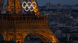 A general view of the Eiffel Tower with the Olympic Rings from the Arc de Triomphe ahead of the Opening Ceremony of the Paris 2024 Olympic Games on July 21, 2024 in Paris, France.