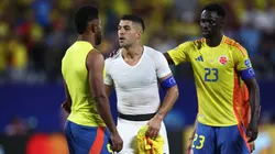 Miguel Borja confronts Luis Suarez of Uruguay after the CONMEBOL Copa America 2024 semifinal match between Uruguay and Colombia.