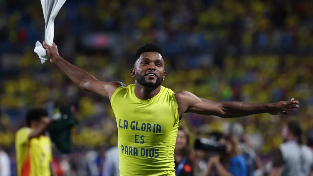 Miguel Borja of Colombia celebrates the team’s progression to the final following the CONMEBOL Copa America 2024 semifinal match between Uruguay and Colombia. Jared C. Tilton/Getty Images