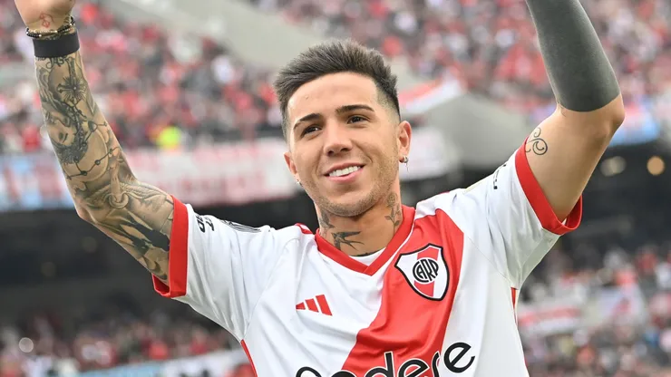 Enzo Fernandez greets River Plate fans during his tribute for the 2024 Copa America title with Argentina.