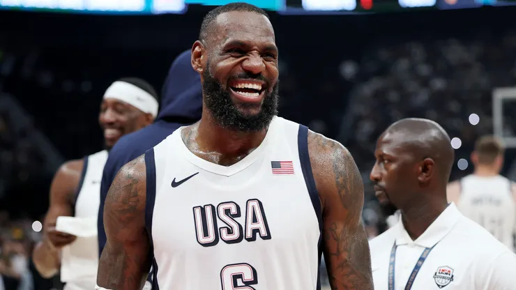 LeBron James #6 of the United States reacts during after an exhibition game between the United States and Serbia ahead of the Paris Olympic Games at Etihad Arena on July 17, 2024 in Abu Dhabi, United Arab Emirates.