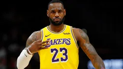 LeBron James #23 of the Los Angeles Lakers reacts after hitting a three-point basket against the Atlanta Hawks in the second half at State Farm Arena on December 15, 2019 in Atlanta, Georgia.