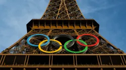A general view of the Eiffel Tower at as the Olympic Rings are displayed during previews ahead of the Paris 2024 Olympic