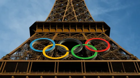 A general view of the Eiffel Tower at as the Olympic Rings are displayed during previews ahead of the Paris 2024 Olympic
