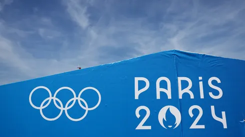 Olympic branding is seen at Vaires-Sur-Marne Nautical Stadium on July 20, 2024 in Paris, France.