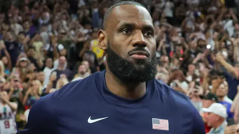 LeBron James #6 of the United States runs onto the court for an exhibition game against Canada ahead of the Paris Olympic Games.