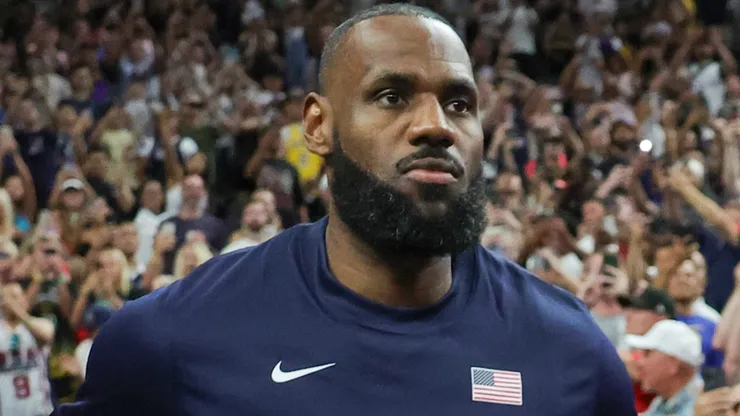 LeBron James #6 of the United States runs onto the court for an exhibition game against Canada ahead of the Paris Olympic Games.