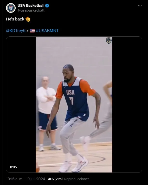 Team USA announced that star Kevin Durant has returned to team training. Social media “X”.