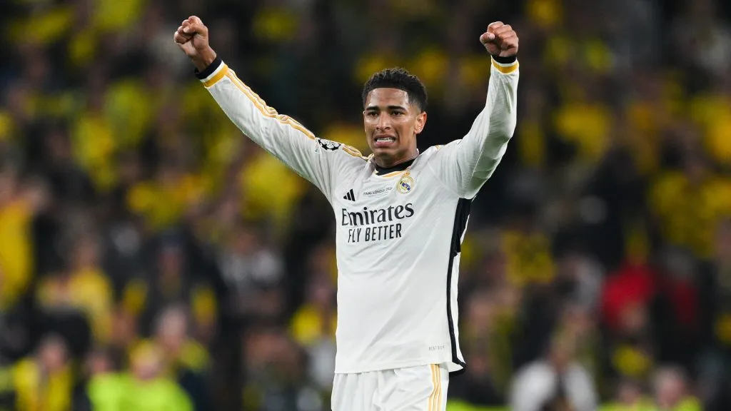 Jude Bellingham of Real Madrid CF celebrates after Vinicius Jr. of Real Madrid CF (Not in picture) scores their team’s second goal during the UEFA Champions League 2023/24 final match between Borussia Dortmund v Real Madrid CF at Wembley Stadium on June 01, 2024 in London, England. Photo by David Ramos/Getty Images