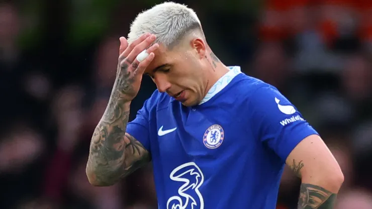 Enzo Fernandez of Chelsea looks dejected after the Aston Villa second goal during the Premier League match between Chelsea FC and Aston Villa.