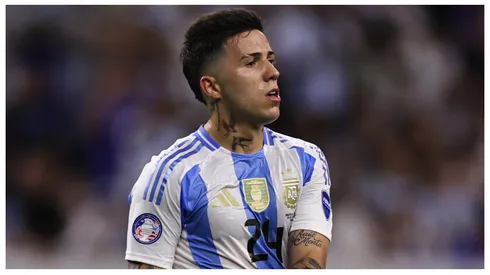 Enzo Fernandez of Argentina gestures during the CONMEBOL Copa America 2024 quarter-final match between Argentina and Ecuador at NRG Stadium on July 04, 2024 in Houston, Texas.