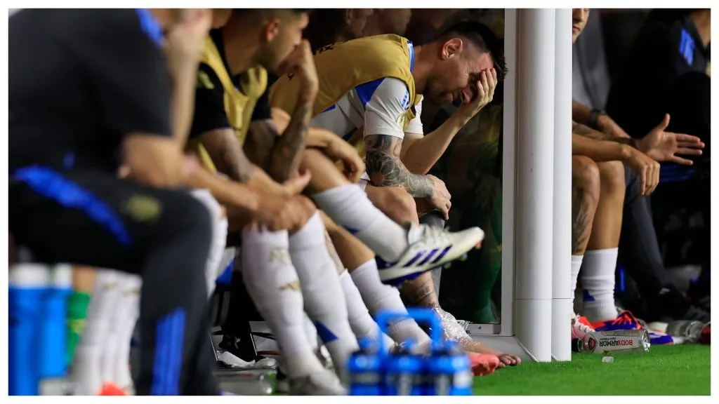Lionel Messi of Argentina reacts after leaving the game with an injury during the CONMEBOL Copa America 2024 Final match between Argentina and Colombia at Hard Rock Stadium on July 14, 2024 in Miami Gardens, Florida. Photo by Buda Mendes/Getty Images