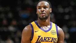 Bronny James Jr. #9 of the Los Angeles Lakers looks on against the Houston Rockets in the second half of a 2024 NBA Summer League game at the Thomas & Mack Center on July 12, 2024 in Las Vegas, Nevada. The Rockets defeated the Lakers 99-80.