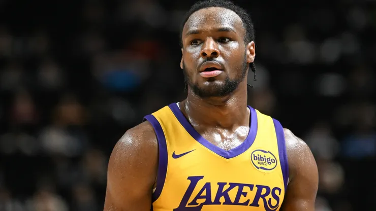 Bronny James Jr. #9 of the Los Angeles Lakers looks on against the Houston Rockets in the second half of a 2024 NBA Summer League game at the Thomas & Mack Center on July 12, 2024 in Las Vegas, Nevada. The Rockets defeated the Lakers 99-80.