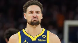 Klay Thompson #11 of the Golden State Warriors reacts to making a basket in the fourth quarter against the New Orleans Pelicans at Chase Center on April 12, 2024 in San Francisco, California.