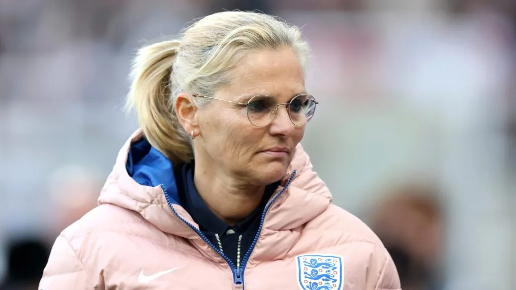 Sarina Wiegman, Manager of England, looks on prior to the UEFA Women's EURO 2025 qualifying match between England and France at St James' Park on May 31, 2024 in Newcastle upon Tyne, England.