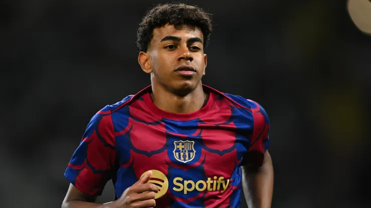 Lamine Yamal of FC Barcelona looks on prior to the LaLiga EA Sports match between FC Barcelona and UD Las Palmas at Estadi Olimpic Lluis Companys on March 30, 2024 in Barcelona, Spain.