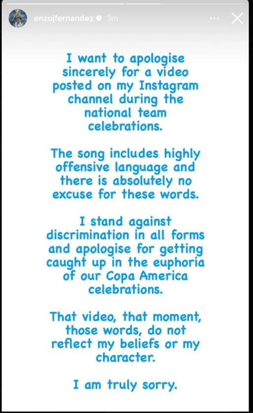 Statement from Enzo Fernandez. Instagram