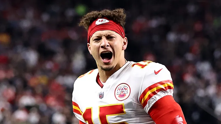 Patrick Mahomes #15 of the Kansas City Chiefs yells encouragement at fans prior to the first half of a game against the Las Vegas Raiders at Allegiant Stadium on November 14, 2021 in Las Vegas, Nevada.