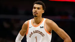 Victor Wembanyama #1 of the San Antonio Spurs reacts to a play during the second half of an NBA game against the New Orleans Pelicans at Smoothie King Center