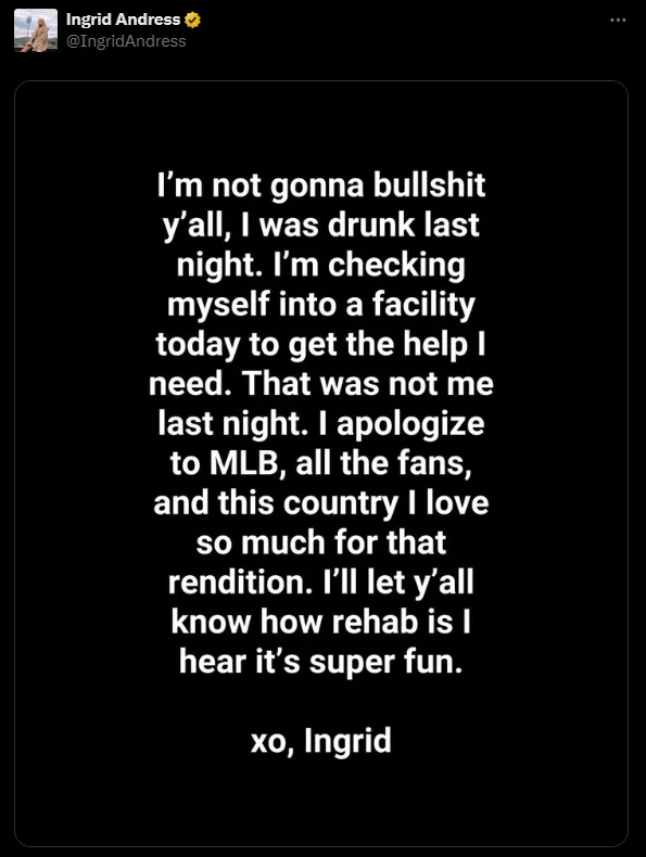 Country singer Ingrid Andress has apologized for her rendition of the national anthem before the Home Run Derby. His performance was widely criticized on social media and by some MLB players.