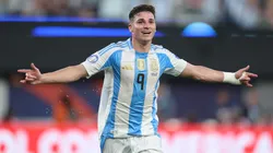 Julian Alvarez of Argentina celebrates after scoring the team's first goal during the CONMEBOL Copa America 2024 semifinal match between Canada and Argentina at MetLife Stadium on July 09, 2024 in East Rutherford, New Jersey.