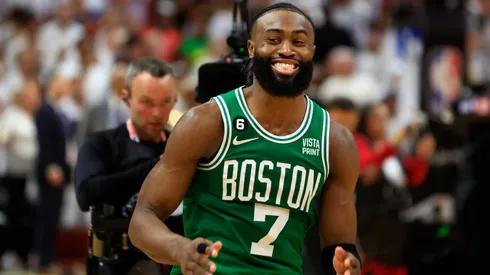 Jaylen Brown #7 of the Boston Celtics reacts to defeating the Miami Heat 104-103 in game six of the Eastern Conference Finals at Kaseya Center on May 27, 2023 in Miami, Florida.